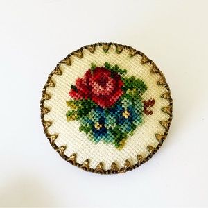 Vintage needlepoint floral handmade brooch on brass backing pin